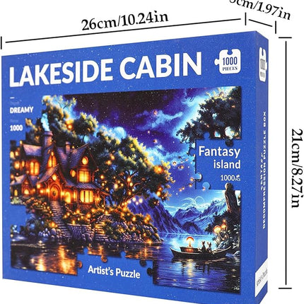 1000 Piece Fantasy Island Sparkling Jigsaw Puzzle for Adults – Dreamy Lakeside Cottage Under Starry Night Sky, Whimsical Fairy Tale Art Puzzle, Relaxing and Challenging Gift for Puzzle Lovers