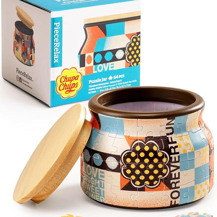 Chupa Chups X PieceRelax 3D Puzzle Jar 64 Plastic Pieces for Adults - Timeless Memories - Retro Fun S Wooden Lid Container for Kitchen Dining Study Living Room No Glue Requied Small [BC1024]