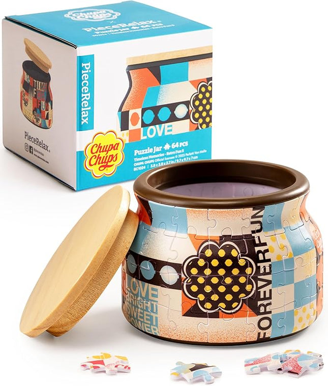 Chupa Chups X PieceRelax 3D Puzzle Jar 64 Plastic Pieces for Adults - Timeless Memories - Retro Fun S Wooden Lid Container for Kitchen Dining Study Living Room No Glue Requied Small [BC1024]