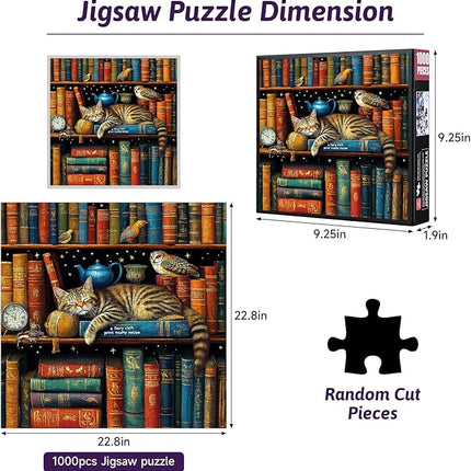 1000pcs Tally Cat Jigsaw Puzzle - Thick Durable Seamless Cardboard Puzzle for Adults & Families Night Game, Colorful Bookshelf Cats & Birds Puzzles Ideal for Gifts Cat Puzzles