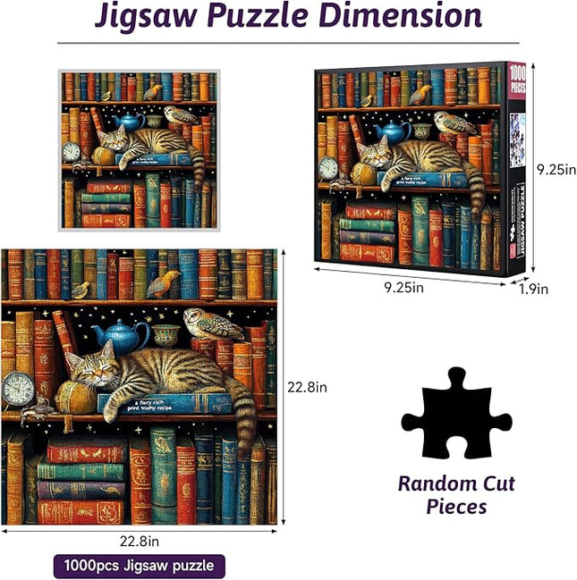 1000pcs Tally Cat Jigsaw Puzzle - Thick Durable Seamless Cardboard Puzzle for Adults & Families Night Game, Colorful Bookshelf Cats & Birds Puzzles Ideal for Gifts Cat Puzzles