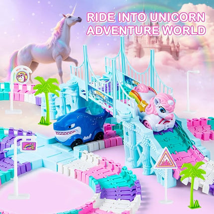 Unicorn Race Track Car Set for Kids, Flexible DIY Tracks with Unicorn and Shark Cars, STEM Building Toy for Girls and Boys Ages 3 4 5 6 7, Birthday Gift Idea