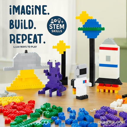 Play Platoon 1100 Pieces Building Bricks Set - 10 Classic Color Blocks - Bulk Building Blocks Compatible with Major Brands - 14 Different Shape Bricks - Includes Wheels, Tires, Axles, Windows & Door