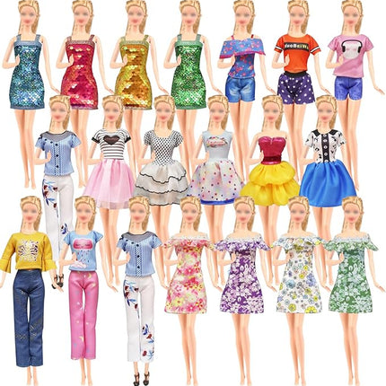 20 Pcs Doll Clothes and Accessories Handmade 3 Sequins Dresses 4 Fashion Dresses 3 Tops and Pants Casual Outfits 10 Shoes for 11.5 inch Girl Dolls in Random
