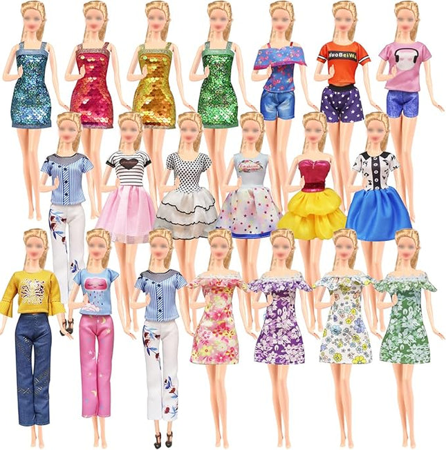 20 Pcs Doll Clothes and Accessories Handmade 3 Sequins Dresses 4 Fashion Dresses 3 Tops and Pants Casual Outfits 10 Shoes for 11.5 inch Girl Dolls in Random