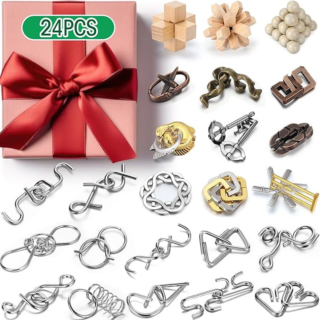 24 Pack Brain Teaser Puzzle Set Wooden and Metal 3D Interlocking IQ Toys for Adults and Teens Educational Games(Fun Style)