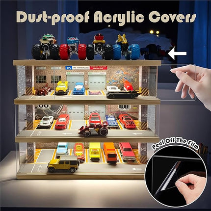 Storage Display Garage Compatible with Hot Wheels - Toy Car Garage with Lights, Freestanding Display Case, Parking Garage Diorama for 1/64 Scale Diecast Cars with 4 Levels 24 Spots Maximum 40 Cars