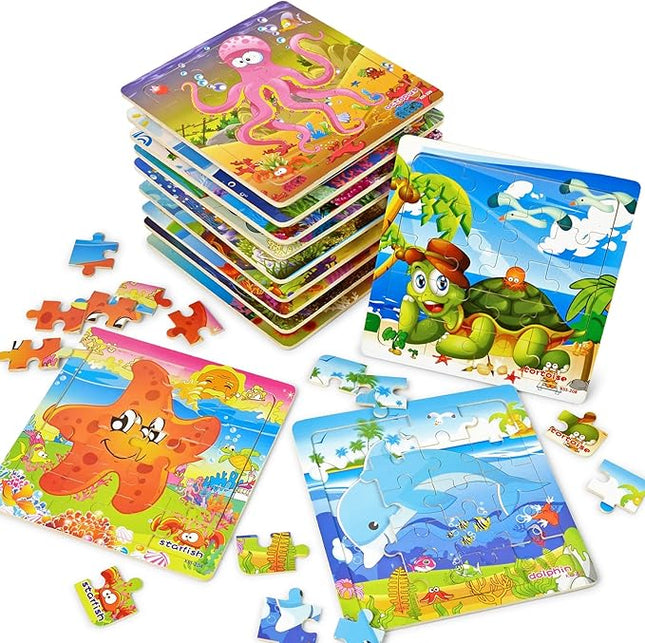 Vileafy Under The Sea Party Favors for Kids – 12 Pack Ocean Animal Wooden Puzzles with Gift Bags – 20-Piece Mini Jigsaw Toys for Boys & Girls Ages 4-8 – Birthday Return Gifts, Classroom Prizes