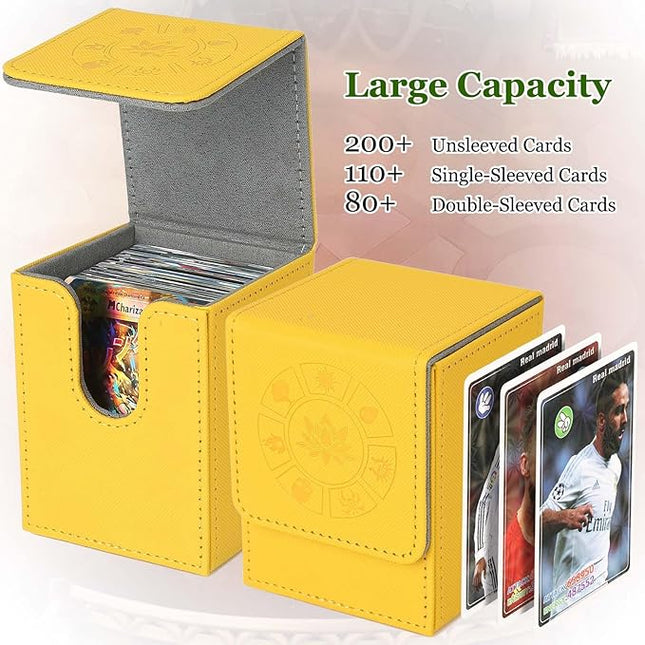 Arkeiliy MTG Deck Box with 50 Pcs Card Sleeve, 110+ Card Storage Leather Deck Box for Magic Commander, Collectible Trading Card Cases for Trading Card Games (Yellow)