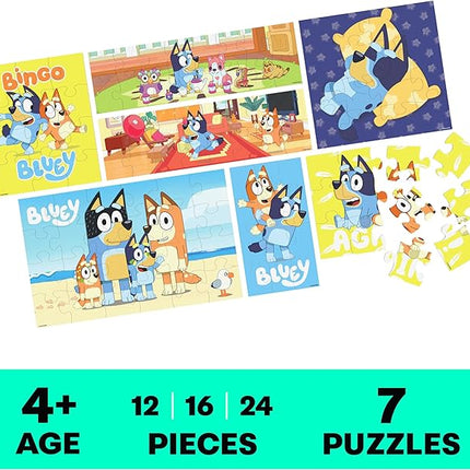 Spin Master Games, Bluey Puzzles 7-Pack, Wooden Jigsaw Puzzles for Preschoolers, 12, 16, & 24 Pieces, Storage Tray, Bluey Toys, for Ages 4 & Up