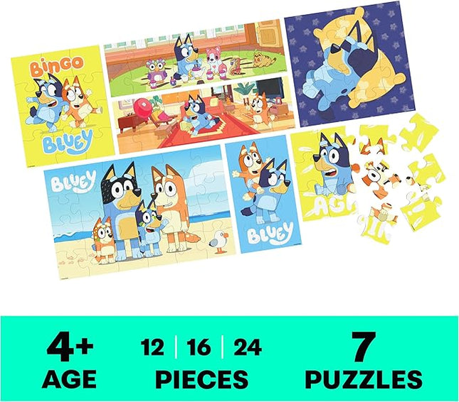 Spin Master Games, Bluey Puzzles 7-Pack, Wooden Jigsaw Puzzles for Preschoolers, 12, 16, & 24 Pieces, Storage Tray, Bluey Toys, for Ages 4 & Up