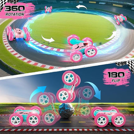 Pink Remote Control Car for Girls - RC Stunt Cars with 4WD Double-Sided Driving 360° Flips Rotating, Off Road Remote Car Outdoor Toys for Kids Age 6 7 8-12, Christmas Birthday Gifts