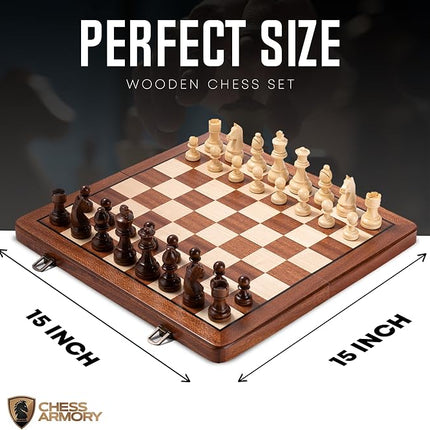 Chess Armory Wooden Chess Set 15 Inch - Premium Sapele Wood Handcrafted Game Board for Adults and Kids with Extra Queen Pieces and Storage Box - Ideal for Home and Travel - Non-Magnetic