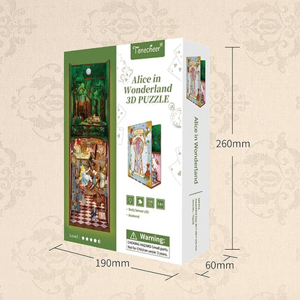 Tonecheer DIY Book Nook Kit for Adults,3D Wooden Puzzle Bookend Bookshelf Insert Library Decor, Booknook Miniature House Kit with Body Motion Sensor LED Light (Alice in Wonderland)