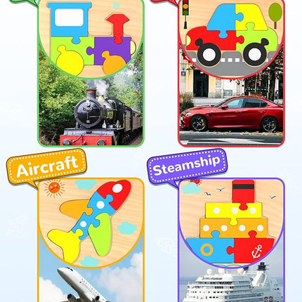 Yetonamr Wooden Toddler Puzzles Gifts Toys for Boys Girls, 4 Vehicle Shape Montessori Toy Educational Blocks Kids Toys Gift Baby Learning Toy
