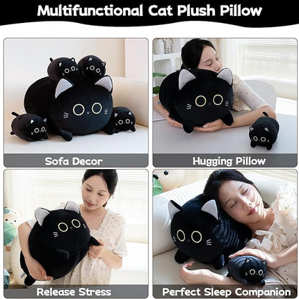 Black Cat Plush Stuffed Animals with 4 Kitties Plushies,16" Soft Jumbo Pillow Gifts for Kids Him Her Girlfriend Boyfriend