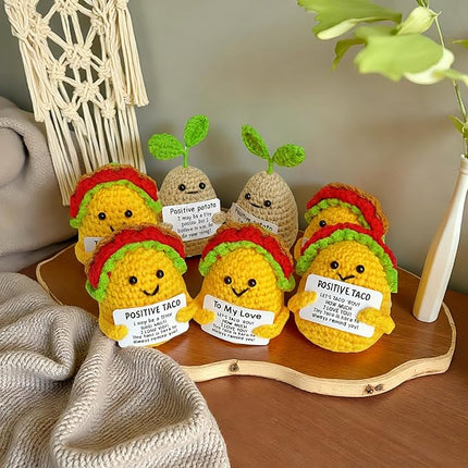 Mini Positive Cute Funny Life Potato and Taco Crochet Emotional Support Crochet Knitted Holding Card Crochet Birthday Christmas Girls Gifts Party Office Desk Decor