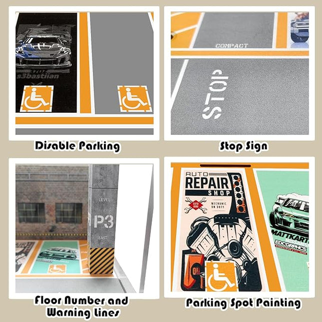 Storage Display Garage Compatible with Hot Wheels - Toy Car Garage with Lights, Freestanding Display Case, Parking Garage Diorama for 1/64 Scale Diecast Cars with 4 Levels 24 Spots Maximum 40 Cars