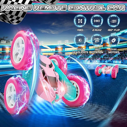 Pink Remote Control Car for Girls - RC Stunt Cars with 4WD Double-Sided Driving 360° Flips Rotating, Off Road Remote Car Outdoor Toys for Kids Age 6 7 8-12, Christmas Birthday Gifts