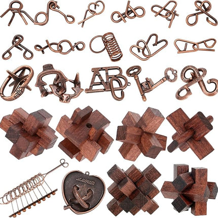 24 Pcs Brain Teaser Puzzles for Adults - Metal Puzzles 3D Puzzle Game Toys for Adults Teens - Wooden Unlock Interlocking Puzzle Adult IQ Education Smart Toys