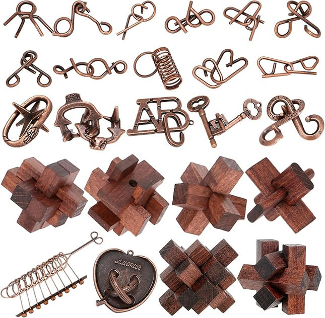 24 Pcs Brain Teaser Puzzles for Adults - Metal Puzzles 3D Puzzle Game Toys for Adults Teens - Wooden Unlock Interlocking Puzzle Adult IQ Education Smart Toys