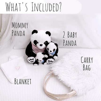 Perfectto Design Panda Stuffed Animal Bear Plush Toy for Girls 5 PCS Set - Mommy, 2 Babies, Bag, Blanket stuffies 3 4 5 Year Old Girl, Little Girls Birthday, Christmas Age 3-9