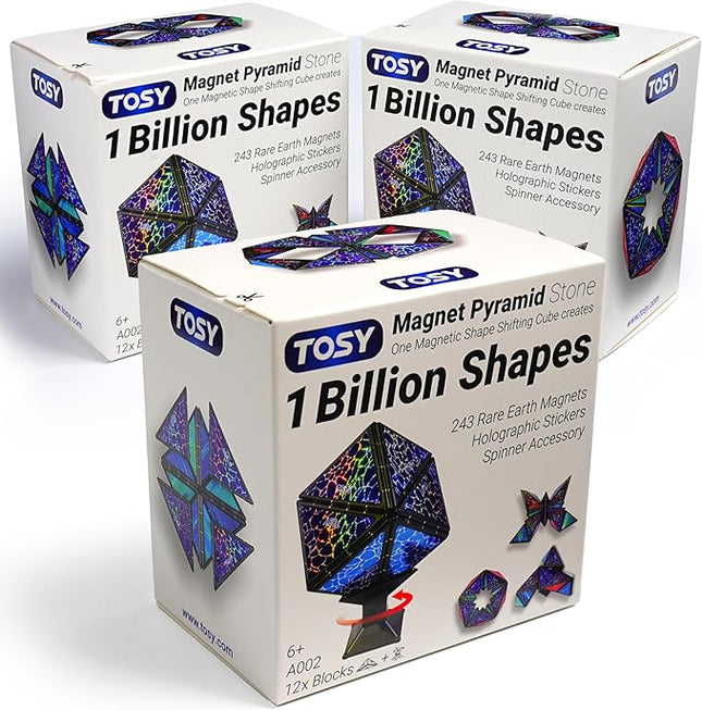 TOSY Magnet Pyramid Stone - 1 Cube Transforms into 1 Billion Shapes, 12 Pieces, 243 Rare Earth Magnets, Holographic Design Magnet Tiles Creative Puzzle STEM/STEAM Toy, 3-Pack