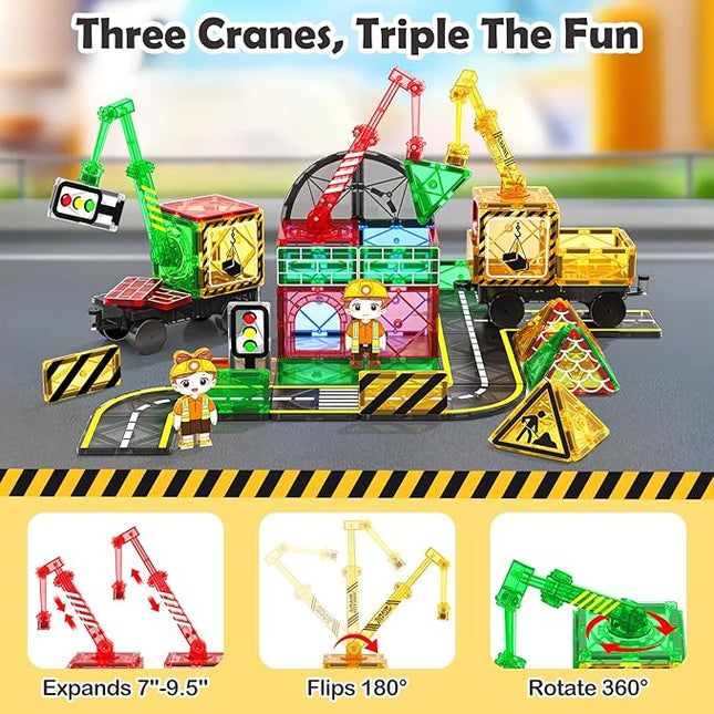 100 PCS Magnetic Tiles Road Set with 3 Cranes & 2 Cars - Magnetic Blocks City Construction Building Toys for 3+ Year Old Boys Girls Ideal Preschool Learning Outdoor Creative Toddler Kids Toys