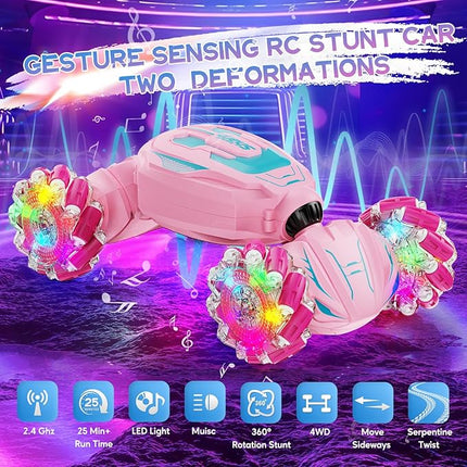 Gesture Sensing Stunt Remote Control Car - 2.4GHz 360° Rotating 4WD Transform RC Car, Birthday Gift for Girls 6 7 8+ Year Old
