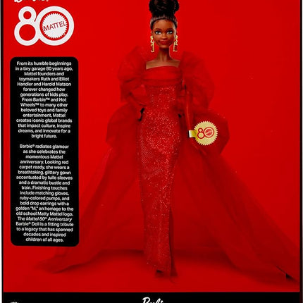 Barbie Signature Doll, Mattel 80th Anniversary Collectible in Glittery Red Tulle Gown with Drop Earrings and Sheer Gloves, Brunette