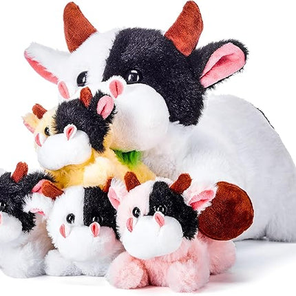 IKASA Mommy Cow Stuffed Animal Mom and Baby Plush,Cute 17" Soft Small Fluffy Mama Family Set Cuddly Huggable Toy with Little Mini Babies