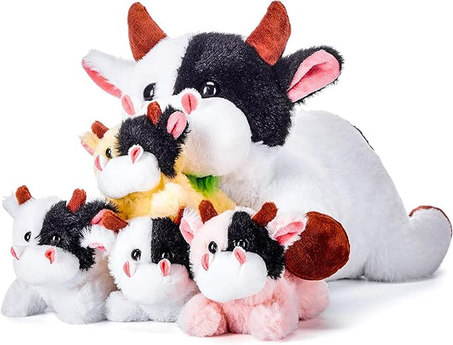 IKASA Mommy Cow Stuffed Animal Mom and Baby Plush,Cute 17" Soft Small Fluffy Mama Family Set Cuddly Huggable Toy with Little Mini Babies