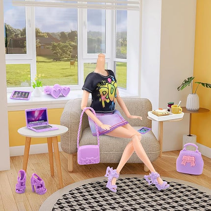 17 Pcs Doll Clothes and Accessories Suitcase Travel Set - Miniature Laptop Computer Tablet Phone, Suitcase,Backpack Bag,Clothes Set,Shoes,Telescope,Dollars,Omelette Toast Set for 11.5" Doll