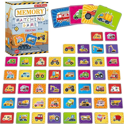 gisgfim 50 Pairs Memory Matching Game Trucks Concentration Memory Card Games for Kids Preschool Educational Ages 3-8 A Fun & Fast Vehicle Theme Matching Games