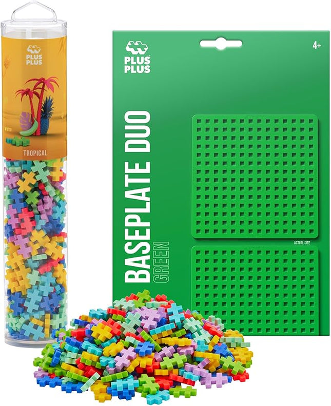 PLUS PLUS 240 Piece Interlocking Building Blocks for Kids, Open Ended Connecting Toys, STEM Bin Mini Manipulatives - Tropical Mix Play Tube & Baseplate
