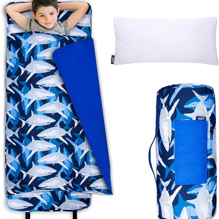 Wildkin Kids Original Nap Mat – Cozy Kids Sleep Mat with Pillow, Ideal for School & Travel - Sharks