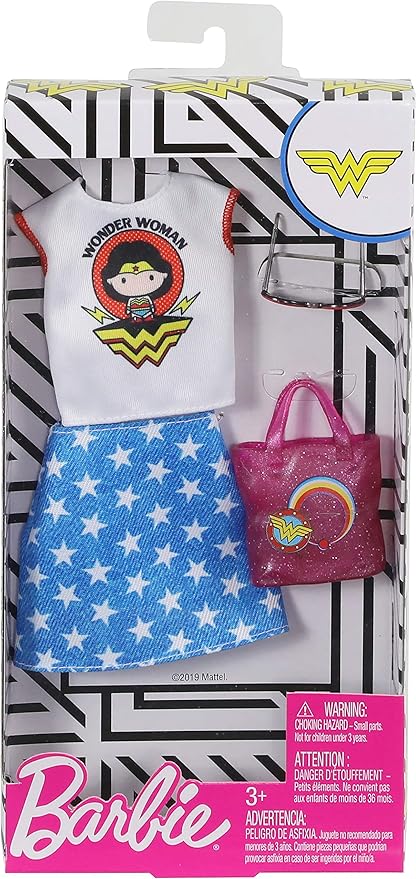 Barbie Clothes: Wonder Woman Outfit Doll with Graphic Top, Star-Print Skirt, Purse and Sunglasses, Gift for 3 to 8 Year Olds