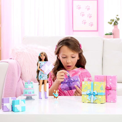 Barbie Party Unboxed Doll & Accessories, Pet Birthday Series Party Stars Set with 10 Surprises Including Color Change & Cake-Decorating Activity