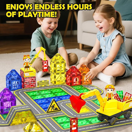 Magnetic Tiles Construction Set with Movable Excavator & Crane, STEM Magnetic Blocks Sensory Toys for Kids 3-5 Girls Boys Toys Age 4-6 6-8, Kids Games Outdoor Toy Birthday Gifts with Car