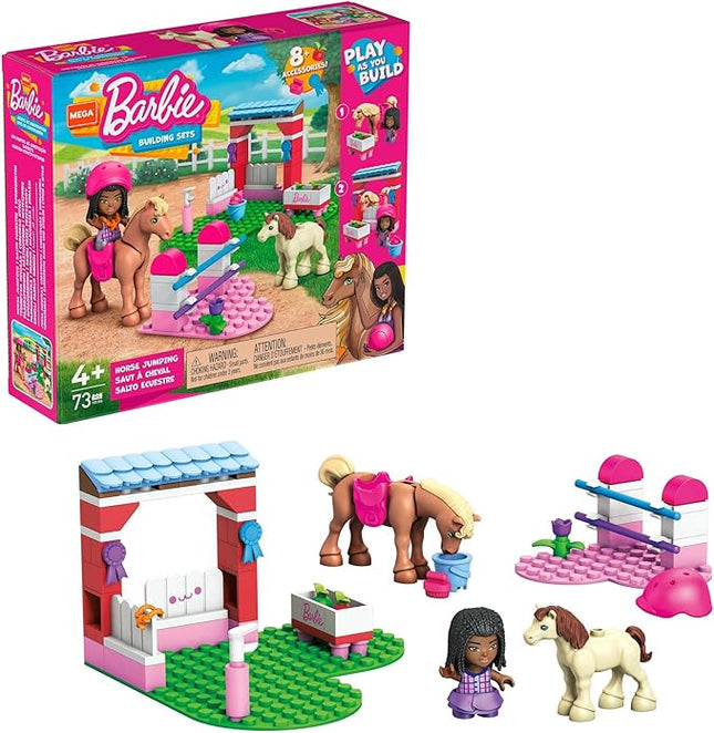 Mega Barbie Horse Jumping Building Set with 73 Bricks and Special Pieces, Accessories and 1 Micro-Doll, Toy Gift Set for Ages 5 and Up