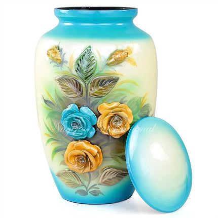 11" 3D Carved Decorative Flowers Aluminum Metal Cremation Urns for Human Ashes | Hand-Crafted Large Urn for Adult Cremation (Teal Blue)