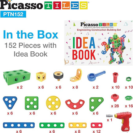 PicassoTiles 152pc STEM Construction Toy Building Set for Kids Ages 3+ Includes Power Drill, Ratchet, Idea Book, Storage Box Educational Engineering Science Kit & Sensory Toys for Boys & Girls PTN152