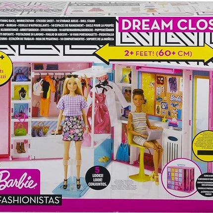 Barbie Dream Closet Playset with 30+ Clothes & Accessories for Barbie Fashion Dolls Including 5 Outfits, Plus Mirror, Desk & Rotating Rack