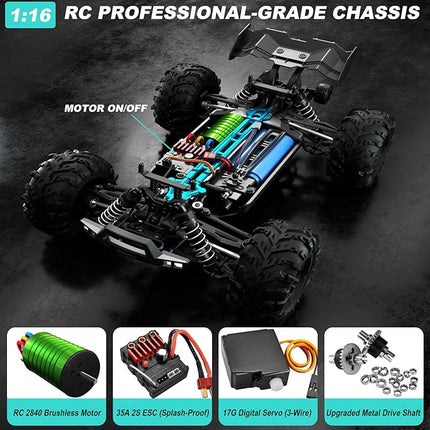 1:16 Scale RC Car for Adults, 45+ MPH High Speed 4WD Brushless Electric Truck - 4x4 Waterproof Off-Road Remote Control Vehicle with 2 Rechargeable Batteries & 2.4GHz Remote
