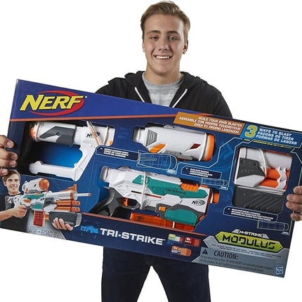 Nerf Modulus Tri-Strike Blaster, Mega Barrel, Rocket Launcher, Clip, 1 Rocket, Kids Outdoor Games (Amazon Exclusive)