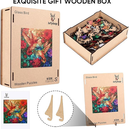 Wooden Puzzles for Adults 500 Pieces, Glass Hummingbird Jigsaw Puzzles, Unique Design Color Challenge Adult Puzzles for Family Brain Game Gift, Home Decor,15.9x15.9 inch