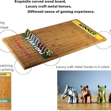 Metal Horse Race Board Game Set with Horse Racing Thick & Solid Wood Game Board(22"/Dark),11 Luxurious with 4 Antique(Gold,Silver,Red Cooper&Bronze) Metal Craft Horses, Dice&Cards (HR-F654)