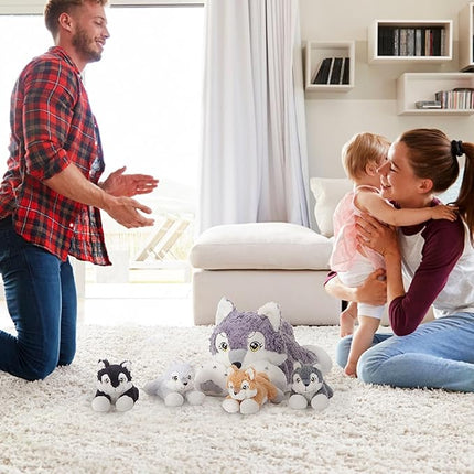 IKASA Mommy Wolf Stuffed Animal Mom and Baby Plush Toy, Cute 18" Soft Small Mama Family Set with Little Mini Babies,Gifts for Kid (Wolf)
