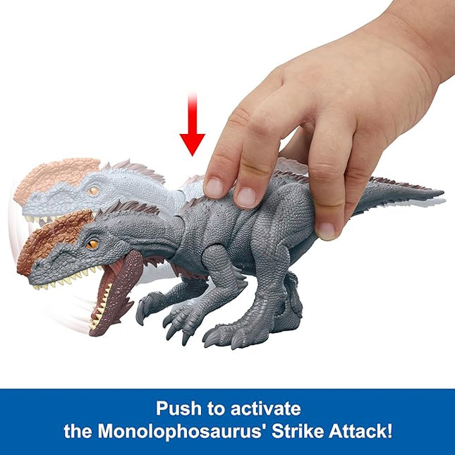 Mattel Jurassic World Strike Attack Dinosaur Toy with Single-Strike Action & Movable Joints, Monolophosaurus Action Figure Includes Digital Play