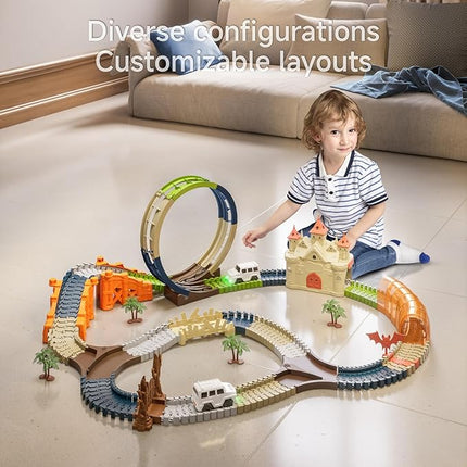 TUMAMA Race Track 202 Pcs Magic Castle Race Car Toys for Boys Girls 3 4 5 6 7 Year, 360° Rotating Flexible Train Track with Cars, Adventure Racetrack Educational Toy Set Kids Gift